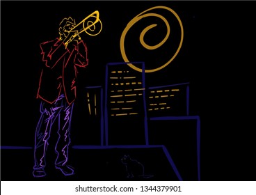 Trombonist plays on the roof. Night jazz illustration. Neon colors on black background. Trombone player silhouette.