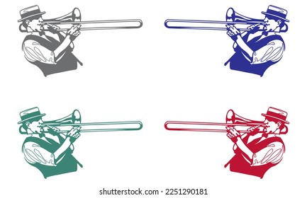 Trombonist Silhouette Vector Illustration. Hand Drawn Trombone Player