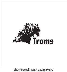 Troms map and black lettering design on white background