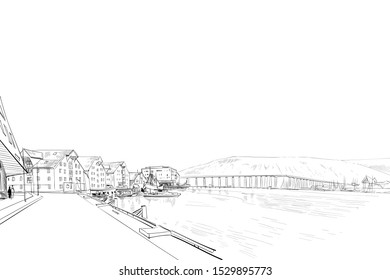 
Tromso Bridge. Tromso, Norway. Urban sketch. Hand drawn vector illustration