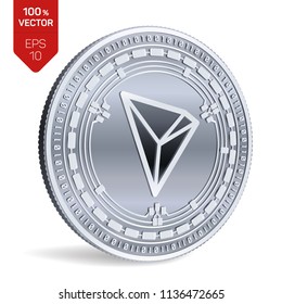 Tron. 3D isometric Physical coin. Digital currency. Cryptocurrency. Silver coin with Tron symbol isolated on white background. Vector illustration.