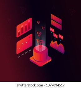 Tron coin isometric concept vector illustration. Cryptocurrency and block chain technology, block chain platform, digital money market, investment, trading and finance concept