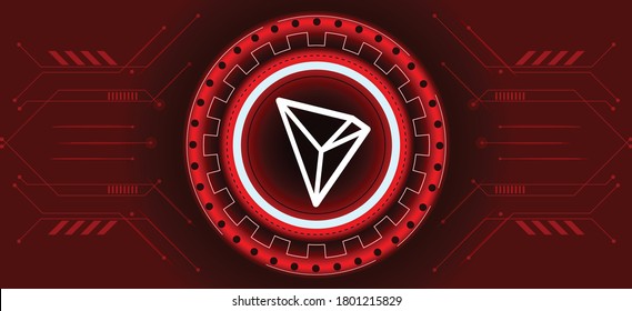 Tron-Münzsymbol mit kryptographischem Hintergrund-Design. Modernes Neon-Farbbanner für Tron oder TRX Icon. Cryptowährung Blockchain Technologie, digitale Innovation oder Handelsaustausch Konzept.