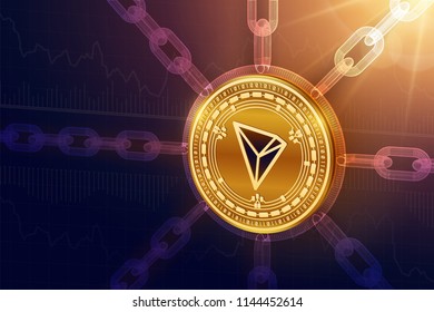 Tron. Crypto currency. Block chain. 3D isometric Physical Tron coin with wireframe chain. Blockchain concept. Editable Cryptocurrency template. Stock vector illustration.