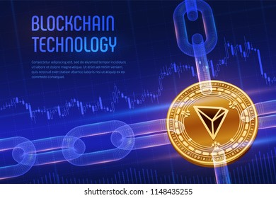 Tron. Crypto currency. Block chain. 3D isometric Physical golden Tron coin with wireframe chain on blue financial background. Blockchain concept. Editable Cryptocurrency template. Vector illustration.