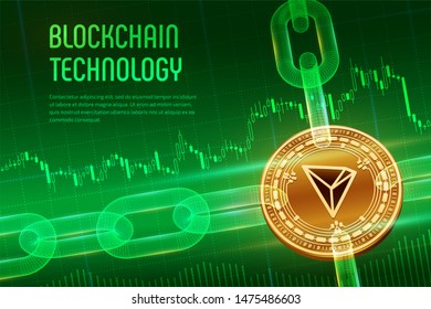 Tron. Crypto currency. Block chain. 3D isometric Physical golden Tron coin with wireframe chain on blue financial background. Blockchain concept. Editable Cryptocurrency template. Vector illustration.