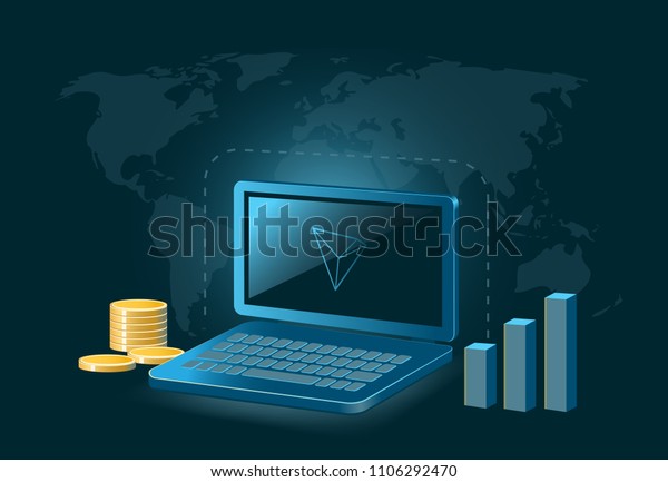 Tron Cryptocurrency Coin Global Laptop Trade Stock Vector Royalty