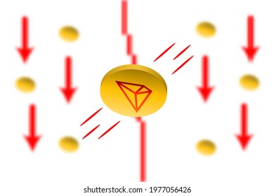 Tron Fall. Red arrow down with gaussian blur effect background. Tron TRX market crash. Red chart down