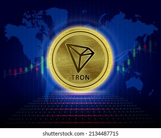 TRON (TRX) coin. 3D Vector illustration. Cryptocurrency blockchain (crypto currency) Future digital replacement technology. Silver golden virtual currency growth share chart is background.