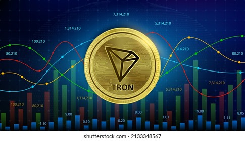 TRON (TRX) moneda criptodivisa blockchain. La futura tecnología de reemplazo de moneda digital, moneda alternativa, el número de la tabla dorada plateada de acciones hacia arriba es fondo. Ilustración vectorial 3D.