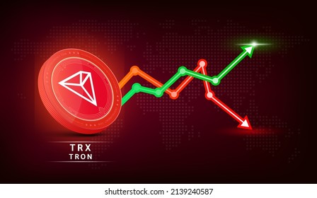 Tron (TRX)-Münzrot. Symbol für Kryptowährung mit Börseninvestitionshandel Graphen grün und rot. Münzsymbol auf dunklem Hintergrund. Geschäftskonzept Wirtschaftstrends 3D-Vektorgrafik.