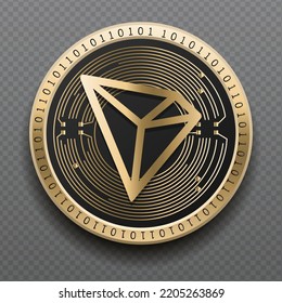 Tron (TRX) cryptocurrency golden coin isolated in transparent background. Virtual currency token symbol vector illustration based on cryptography and block chain technology.