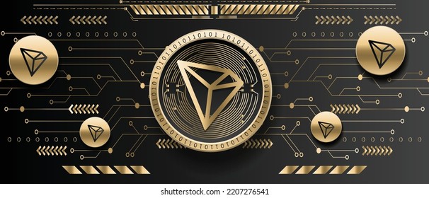 Tron TRX kryptowährende goldene Münze auf futuristischem Hintergrund Vektorgrafik-Banner und Bildschirmhintergrund 