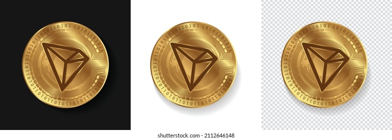 Tron TRX Cryptocurrency logo golden coin vector illustration isolated in dark, white and transparent background. Can be used as sticker, emblem, label, badge, and print design. 