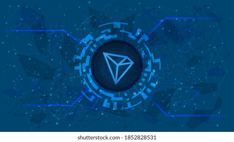 Tron TRX Token Symbol in einem digitalen Kreis auf mehrfarbigem Hintergrund. Kryptowährungssymbol. Digitales Gold für Website oder Banner. Kopiert Platz. Vektorgrafik.