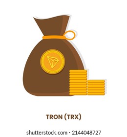 Tron TRX Wallet bag with stacks of golden crypto coin vector illustration. Flat cryptocurrency isolated in white background. Can be used as icons, badges, stickers, posters, flyers and web template