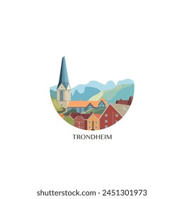 Paisaje urbano de Trondheim, insignia de Vector, logotipo plano del horizonte, icono. Idea de emblema redondo de la ciudad de Noruega con casas y siluetas de construcción. Gráfico aislado