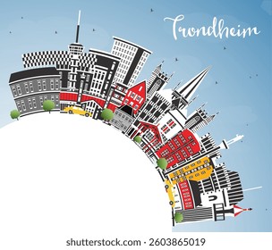 Trondheim Norway City Skyline with Color Buildings, Blue Sky and copy space. Vector Illustration. Trondheim Cityscape with Landmarks. Business Travel and Tourism Concept with Historic Architecture.