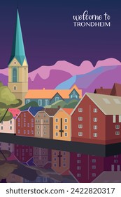 Trondheim retro city poster with abstract shapes of skyline, buildings at night. Vintage Norway town, port travel vector illustration