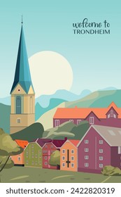 Trondheim retro city poster with abstract shapes of skyline, buildings. Vintage Norway town, port travel vector illustration