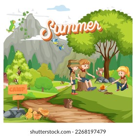 các bạn nhỏ đi cắm trại trong rừng.vector, illustration image of kids camping. 