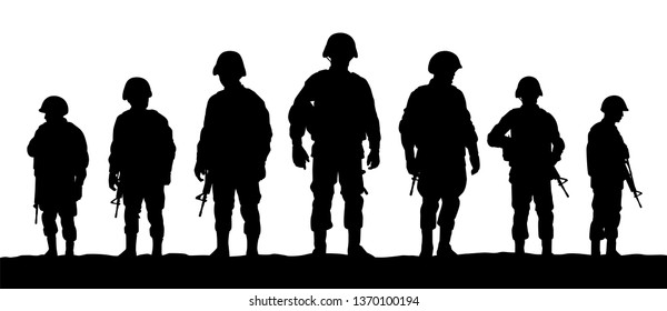 A Troop Of Soldiers Silhouette Vector, Simple Designed Military Man In Black And White, Warrior In The War.