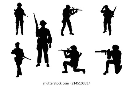 A troop of soldiers silhouette vector, a simple designed military man in black and white, a warrior in the war.