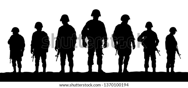 A troop of\
soldiers silhouette vector, simple designed military man in black\
and white, warrior in the\
war.