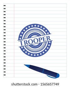 Trooper emblem draw with pen effect. Blue ink. Vector Illustration. Detailed.