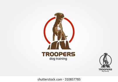 Troopers Dog Training Vector Logo Template. Dog logo design, the main concept is sitting dog on the rock, it is good for training dog, school dog or others dog business or dog lover community. 