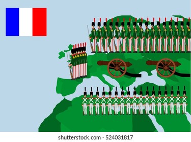 Troops of Napoleon on european map, historic vector illustration.