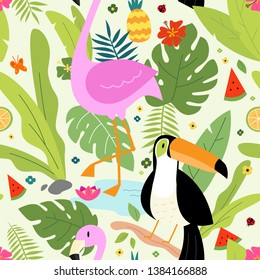 Tropcal Summer Birds Toucan and Flamingo Colourful and Bright seamless pattern wallpaper
