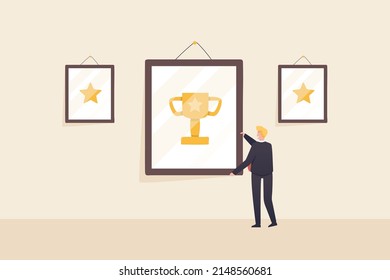 Trophies for achievement in work or career promotion.
Outstanding Employee Award. 
Businessman collecting trophies.