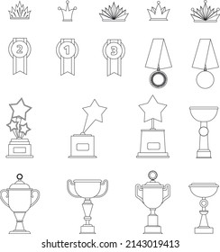 Trophies and awards illustrations flat vector outline collections set