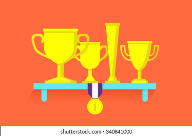 Trophies and awards on shelf - vector illustration