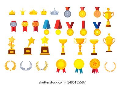 Trophies and awards vector illustrations set. Golden medals, cups, crowns, laurel wreaths and prizes design elements collection. Isolated flat vector illustration on white background.