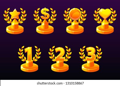 Trophies different variation. 1st, 2nd, 3rd place. Laurel wreath of victory, star, heart and dollar for game, ui, banner, app, interface, slots, game development Vector icons on a separate layer