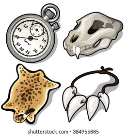 Trophies of a hunter and an ancient chronometer. Vector illustration.