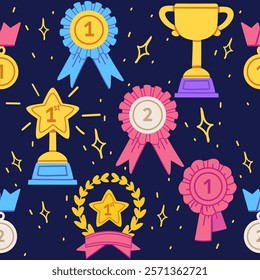 Trophies, medals, ribbons, and stars in gold and blue arranged decoratively on a dark background. Great for sports branding, awards, or celebratory events. Vector illustration