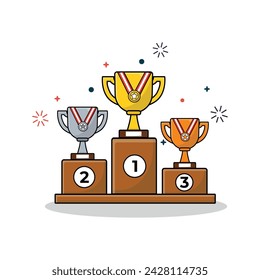 Trophies on Podium Line Vector Illustration.  Winner 1st 2st and 3st Position