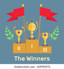 Trophies on the podium with red flags and twigs for the winners, flat vector illustration, victory banner