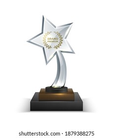 Trophies. Realistic Crystal Glass Award With Text. 3D Star Shaped Prize With Golden Text And Olive Wreath On Square Stand. Isolated Shiny Reward To The Winner For Quality Of Product, Vector Mockup