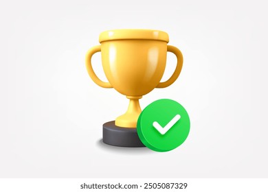 Trophy achievement icon with green check mark. 3d vector icon isolated on white background