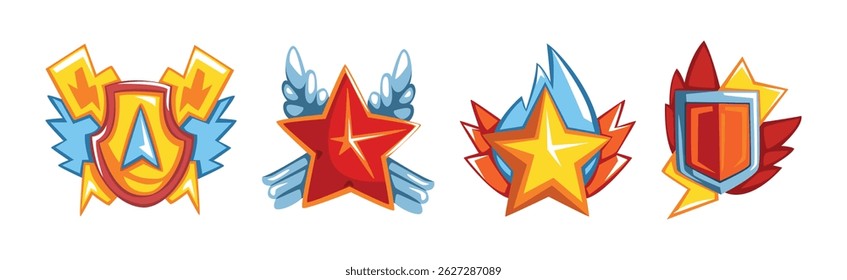 Trophy Award Collection with Star and Shield Vector Set