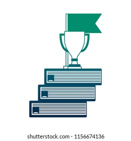 trophy award cup with flag in pile books