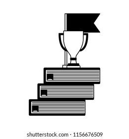 trophy award cup with flag in pile books