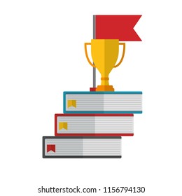 trophy award cup with flag in pile books