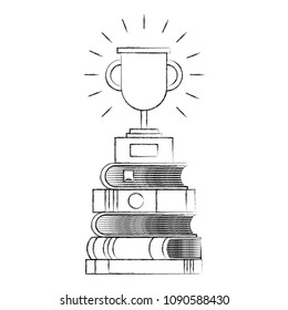 trophy award cup with pile books