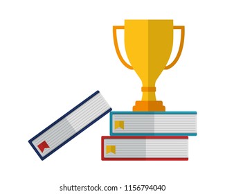 trophy award cup in pile books isolated icon