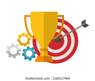 trophy award cup with target arrow success and gear machine